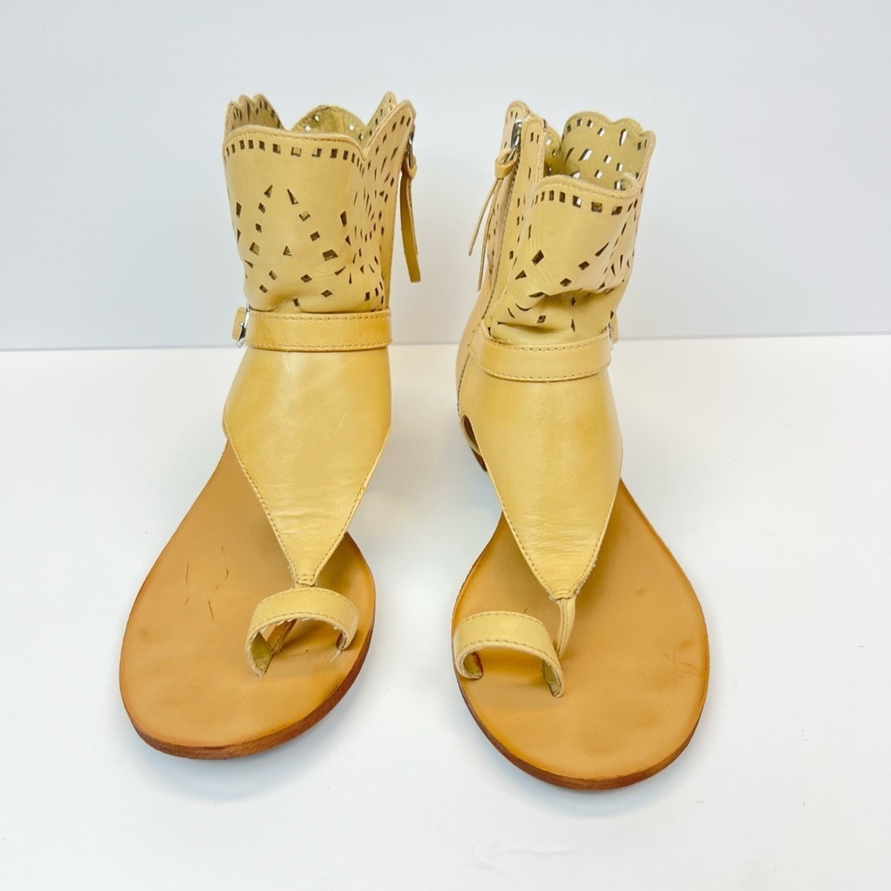 Latigo Women's Tan Perforated Leather Ankle Wrap Toe Sandals Size 8